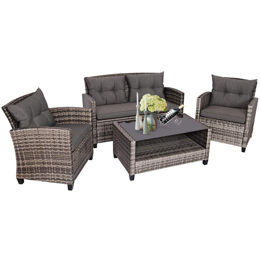 Tangkula 4 Pcs Patio Wicker Conversation Furniture Set, Outdoor Rattan Sofa Set With Padded Cushion & Tempered Glass Coffee Table, Wicker Sectional Sofas & Table For Courtyard Balcony Garden (1, Grey)