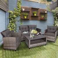 Tangkula 4 Pcs Patio Wicker Conversation Furniture Set, Outdoor Rattan Sofa Set With Padded Cushion & Tempered Glass Coffee Table, Wicker Sectional Sofas & Table For Courtyard Balcony Garden (1, Grey)