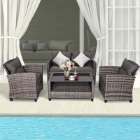 Tangkula 4 Pcs Patio Wicker Conversation Furniture Set, Outdoor Rattan Sofa Set With Padded Cushion & Tempered Glass Coffee Table, Wicker Sectional Sofas & Table For Courtyard Balcony Garden (1, Grey)