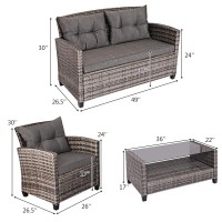 Tangkula 4 Pcs Patio Wicker Conversation Furniture Set, Outdoor Rattan Sofa Set With Padded Cushion & Tempered Glass Coffee Table, Wicker Sectional Sofas & Table For Courtyard Balcony Garden (1, Grey)