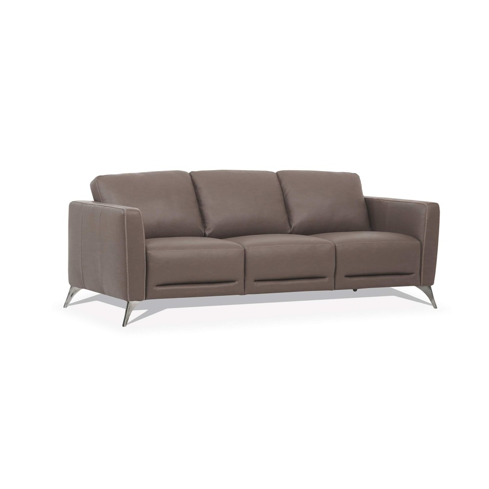 Benjara Leather Upholstered Sofa With Track Arms And Angled Metal Feet, Brown