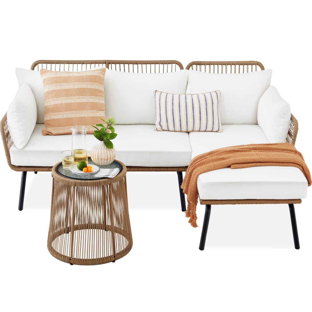 Best Choice Products Outdoor Rope Woven Sectional Patio Furniture L-Shaped Conversation Sofa Set For Backyard, Porch W/Thick Cushions, Detachable Lounger, Side Table - White