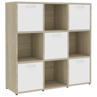 Vidaxl Book Cabinet, Book Cabinet With 5 Doors Bookcase, Storage Shelf For Living Room, Shelving Unit, Modern, White And Sonoma Oak Engineered Wood