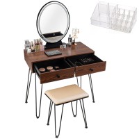 CHARMAID Makeup Vanity Table with Lighted Mirror, 3 Lighting Sets, Adjustable Brightness, 2 Large Drawers, Acrylic Storage Boxes, Girls Bedroom Dressing Table Vanity Set with Stool (Walnut)