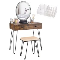 Charmaid Makeup Vanity Table With Lighted Mirror, 3 Lighting Sets, Adjustable Brightness, 2 Large Drawers, Acrylic Storage Boxes, Girls Bedroom Dressing Table Vanity Set With Stool (Rustic Brown)