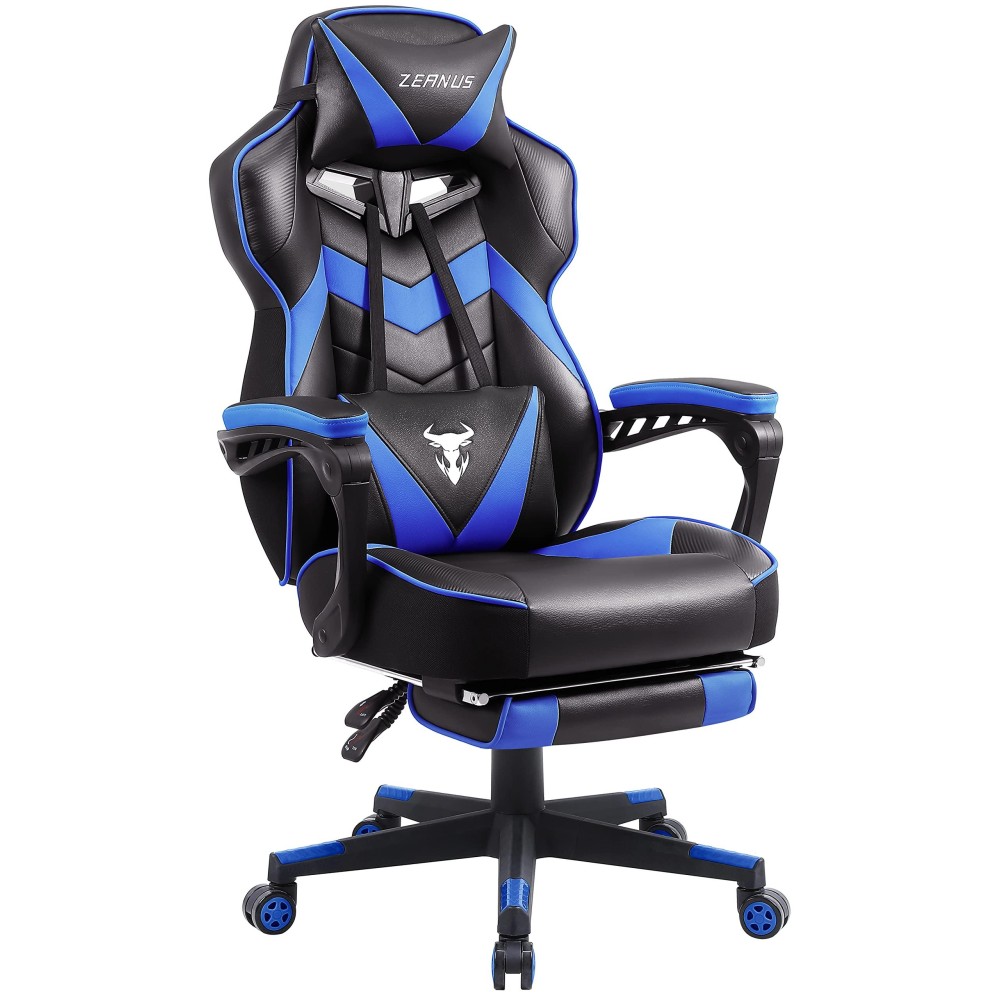 Zeanus Gaming Chair With Footrest Recliner Computer Chair Gamer Chair With Massage Gaming Chair Ergonomic Gaming Computer Chair Lumbar Support Big And Tall Gaming Chairs For Adults Pu Leather Blue