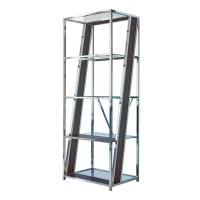 Benjara 4 Tier Metal Bookcase With Glass And Wooden Shelf, Black And Chrome