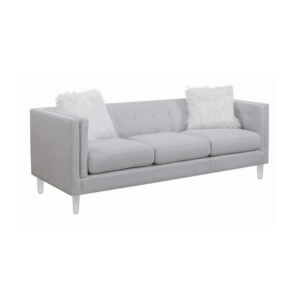 Benjara Fabric Sofa With 2 Faux Fur Pillows And Acrylic Tapered Legs, Gray