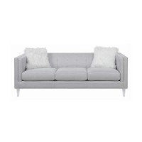 Benjara Fabric Sofa With 2 Faux Fur Pillows And Acrylic Tapered Legs, Gray