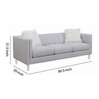 Benjara Fabric Sofa With 2 Faux Fur Pillows And Acrylic Tapered Legs, Gray