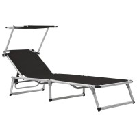 vidaXL Folding Sun Lounger with Roof Aluminium and Textilene Black 44333