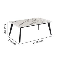 Benjara Rectangular Faux Marble Top Coffee Table With Angled Wooden Legs, White