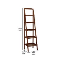 Benjara 72 Inches 5 Tier Wooden Ladder Bookcase With 2 Hooks, Brown