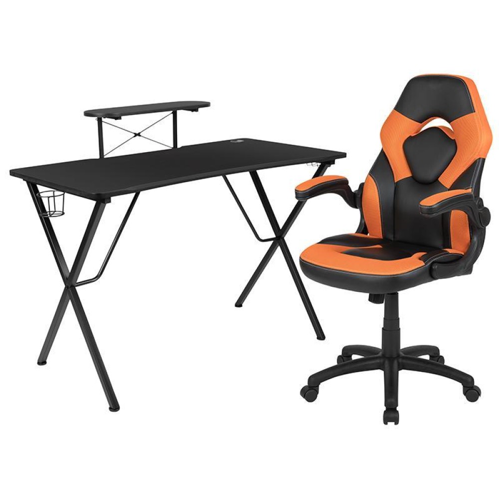 Black Gaming Desk And Orange/Black Racing Chair Set With Cup Holder, Headphone Hook, And Monitor/Smartphone Stand