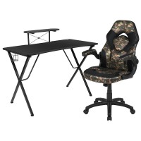 Black Gaming Desk And Camouflage/Black Racing Chair Set With Cup Holder, Headphone Hook, And Monitor/Smartphone Stand