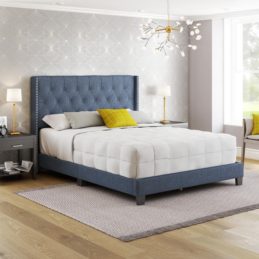 Boyd Sleep Mia Linen Panel Upholstered Platform Bed Frame  Blue  Queen