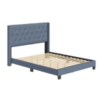 Boyd Sleep Mia Linen Panel Upholstered Platform Bed Frame  Blue  Queen