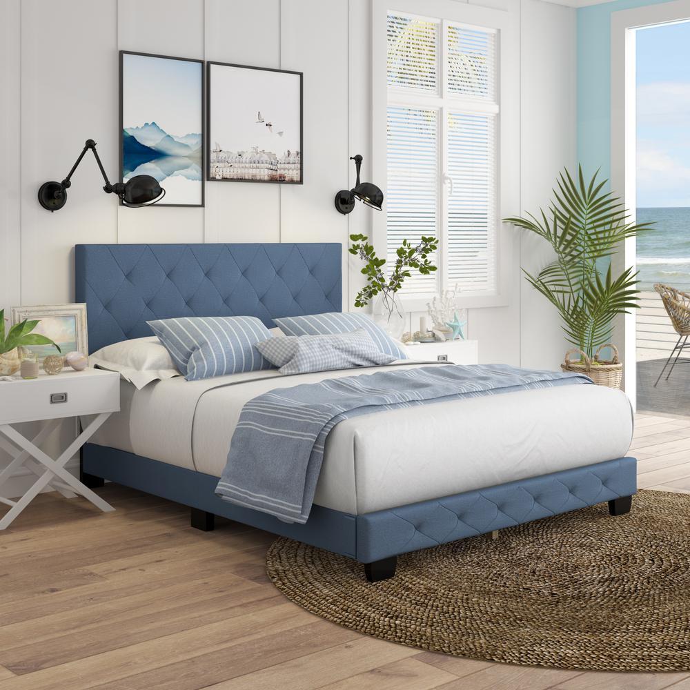 Boyd Sleep Chloe Linen Upholstered Platform Bed Frame  Blue  Full