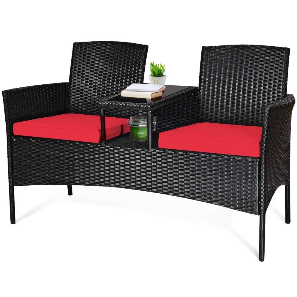 Tangkula Wicker Patio Conversation Furniture Set, Outdoor Furniture Set With Removable Cushions & Table, Tempered Glass Top, Modern Rattan Bench For Garden Lawn Backyard (Red)