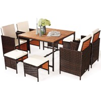 Tangkula 9 Pieces Acacia Wood Patio Dining Set, Space Saving Wicker Chairs And Wood Table With Umbrella Hole Outdoor Furniture Set, Suitable For Garden, Yard, Poolside, Outdoor Seating Set (White)