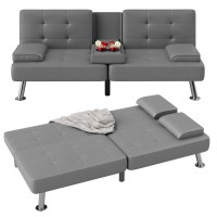 Flamaker Futon Sofa Bed Modern Faux Leather Couch, Convertible Folding Futon Couch Recliner Lounge For Living Room With 2 Cup Holders With Armrest (Grey)