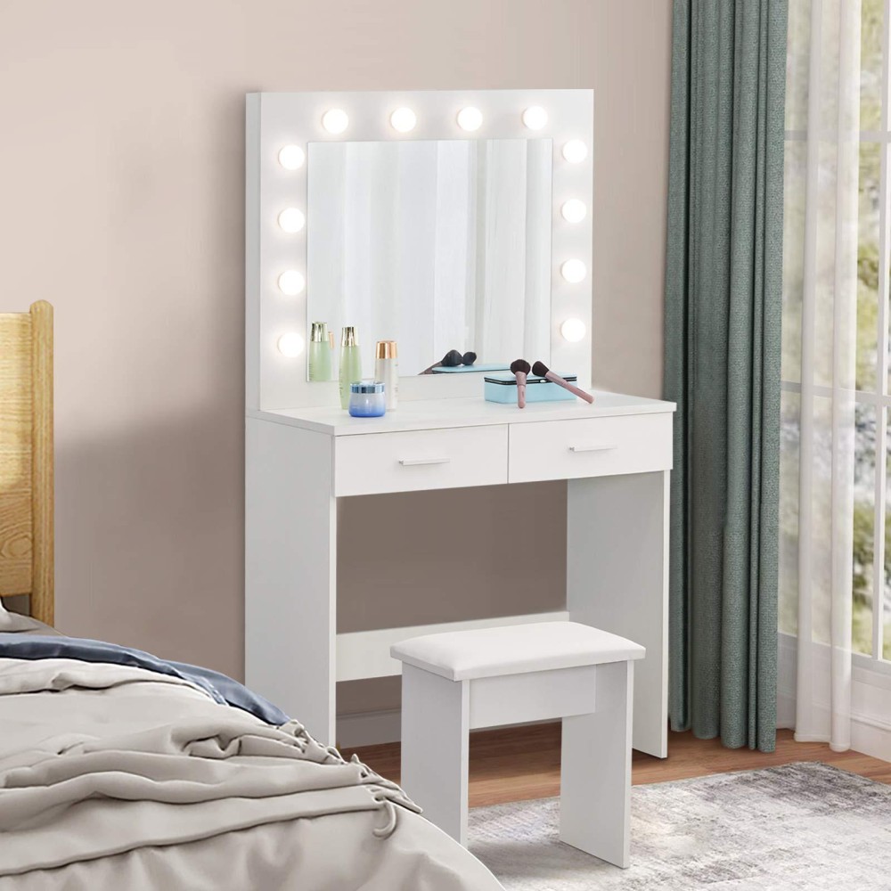 Clipop Modern Makeup Table With Mirror And Chair, Dressing Table With Light, 2 Drawers, Bedroom Dressing Table With 12 Led Lights And 3 Colors Lighting, Vanity Stool For Women, Girls Room (White)
