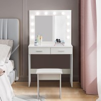 Clipop Modern Makeup Table With Mirror And Chair, Dressing Table With Light, 2 Drawers, Bedroom Dressing Table With 12 Led Lights And 3 Colors Lighting, Vanity Stool For Women, Girls Room (White)