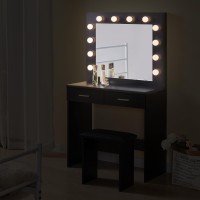 Tukailai Vanity Desk Set With Hollywood Led Lights, Mirror, 2 Large Drawers And Stool, Makeup Vanity Table With 3 Color Adjustable Led Lights For Bedroom (Black)