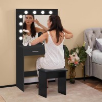 Tukailai Vanity Desk Set With Hollywood Led Lights, Mirror, 2 Large Drawers And Stool, Makeup Vanity Table With 3 Color Adjustable Led Lights For Bedroom (Black)