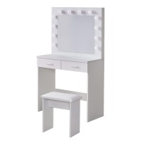 Tukailai Vanity Desk Set With Hollywood Led Lights, Mirror, 2 Large Drawers And Stool, Makeup Vanity Table With 3 Color Adjustable Led Lights For Bedroom (White)