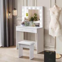 Tukailai Vanity Desk Set With Hollywood Led Lights, Mirror, 2 Large Drawers And Stool, Makeup Vanity Table With 3 Color Adjustable Led Lights For Bedroom (White)