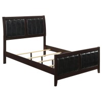 Vertical details and a rich cappuccino finish deliver a handsome presentation to your bedroomBed features a black padded leatherette headboard and footboardAlso available in a black wood finishScaled for a youth bedroom and sure to impress