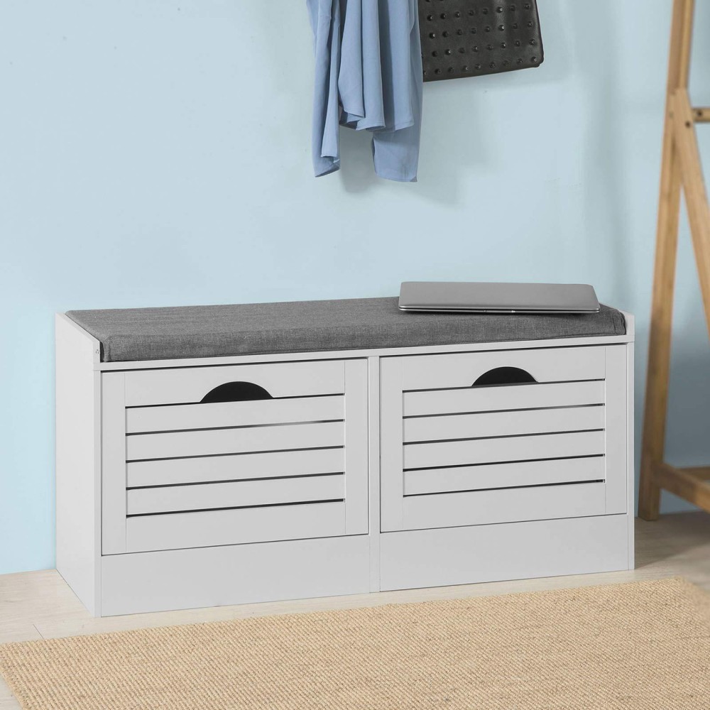 Haotian Fsr62-W, White Storage Bench With 2 Drawers & Padded Seat Cushion, Hallway Bench, Shoe Cabinet, Shoe Bench