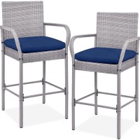 Best Choice Products Set Of 2 Wicker Bar Stools Indoor Outdoor Bar Height Chairs Wcushion Footrests Armrests For Backyard P