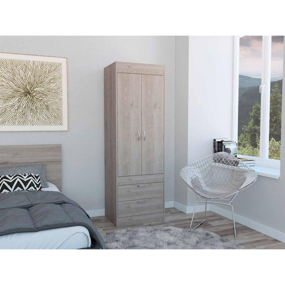 Tuhome Lisboa Armoire Rod Twodoor Armoire Two Drawers Metal Handles Light Grey For Bedroom