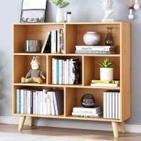 Iotxy Wooden Open Shelf Bookcase 3Tier Floor Standing Display Cabinet Rack With Legs 7 Cubes Bookshelf Pear Yellow