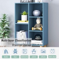 Iotxy Wooden Open Shelf Bookcase 3Tier Floor Standing Display Cabinet Rack With Legs 5 Cubes Bookshelf Bright Blue