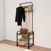 Lavish Home Entryway Bench With Coat Rack - Metal Hall Tree With Seat, Hooks, And Shoe Storage - Rustic Farmhouse Freestanding Mudroom Furniture, 18