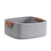 Chicvita Rectangle Cotton Rope Woven Basket With Handles For Books, Magazines, Toys - Decorative Rectangle Basket For Baby Nursery, Living Room, Bathroom, Grey