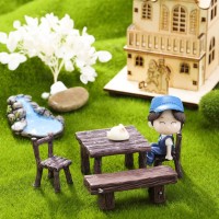 Skylety 12 Pieces Garden Furniture Ornaments Miniature Table And Chairs Set Village Micro Resin Bench Chair For Dollhouse Access