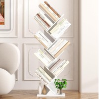 Function Home 9 Tier Tree Bookshelf, Modern Tall Geometric Bookcase, Freestanding Book Shelf, Wood Floor Storage Shelf For Living Room, Bedroom, Home Office,White