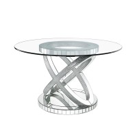 Round Glass Top Dining Table with Cross Oval Base, Silver