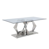 Glass Top Dining Table with Steel Double Hexagonal Base, Chrome