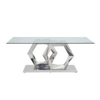 Glass Top Dining Table with Steel Double Hexagonal Base, Chrome