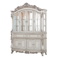 Wooden Hutch and Buffet with Crown Top and Scroll Molded Trim,Antique White