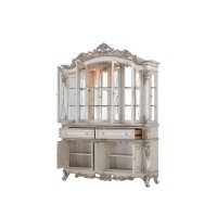 Wooden Hutch and Buffet with Crown Top and Scroll Molded Trim,Antique White