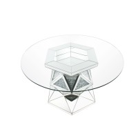 Round Dining Table with Faux Crystals Inlay and Pedestal Base, Silver
