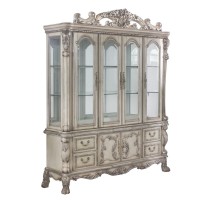 Floral Motif Wooden Hutch and Buffet with 4 Glass Doors and Claw legs,White
