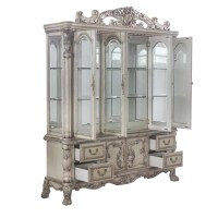 Floral Motif Wooden Hutch and Buffet with 4 Glass Doors and Claw legs,White