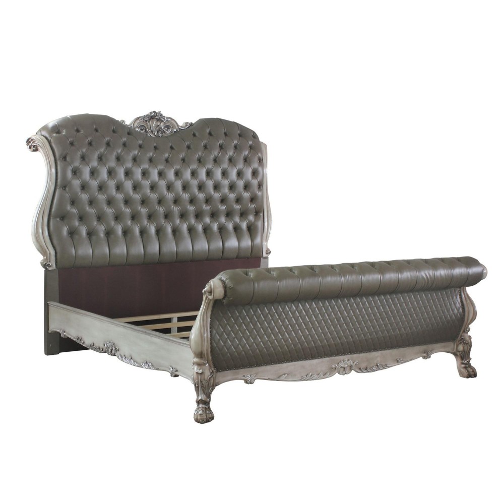 Sleigh Rolled Design Leatherette Eastern King Bed with Claw Legs, Gray